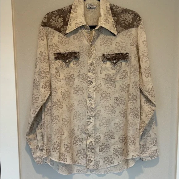 Vintage JCPenney Western Cream and Brown Floral Button Down Shirt - Picture 1 of 8